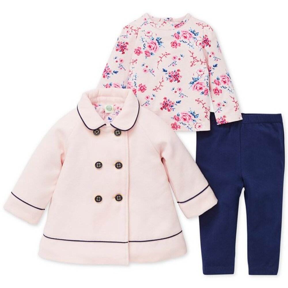 NWOT Little Me pink fleece jacket with piping and floral shirt and leggings set